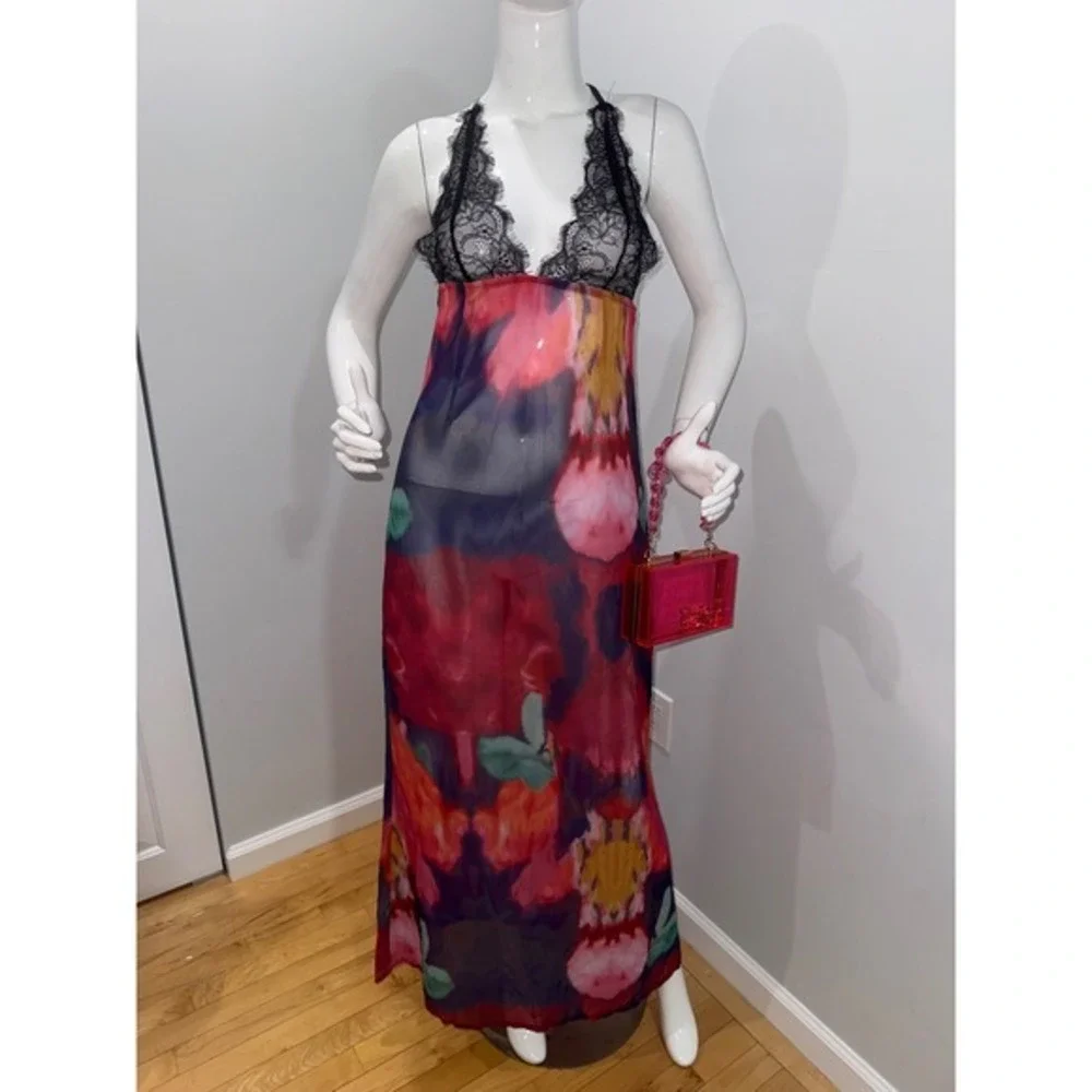 Micas Sheer Floral Lace Maxi Dress  Cotton Blend Plunge Mesh‎ Dress size M